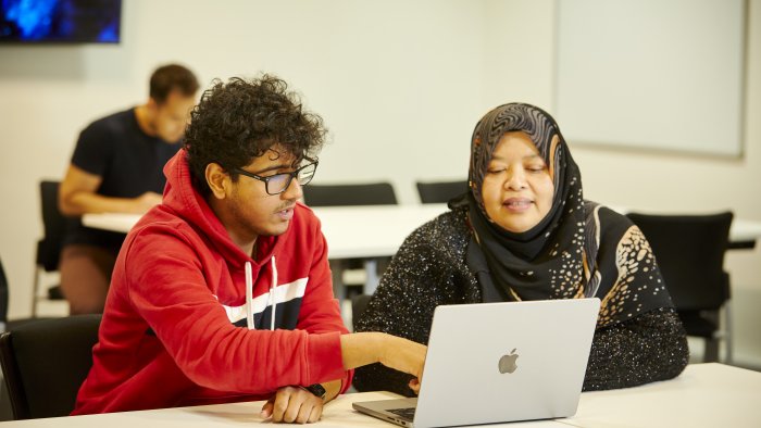 Student and lecturer working together on a laptop