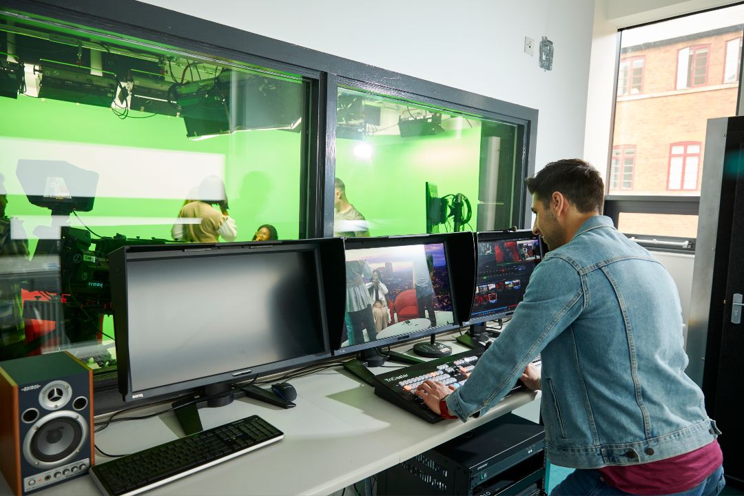 TV studios with autocue, green screen and control room.