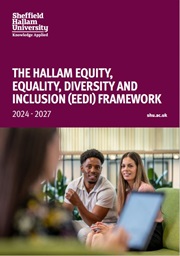 Front cover of the Hallam Equity, Equality, Diversity and Inclusion (EEDI) Framework 2024-27 showing two people talking