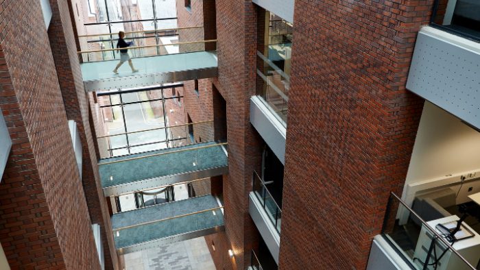 A view of the internal walkways at the Sheffield Hallam Charles St building