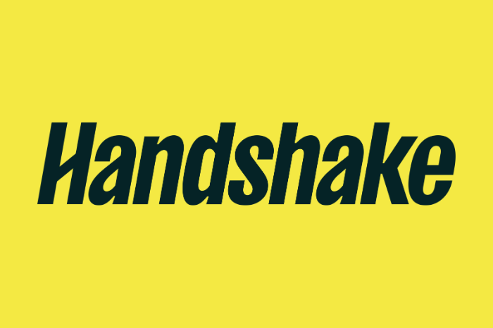 Handshake logo on a yellow background