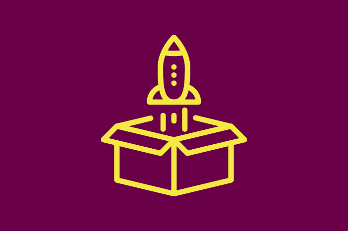 Yellow rocket emerging from box on purple background