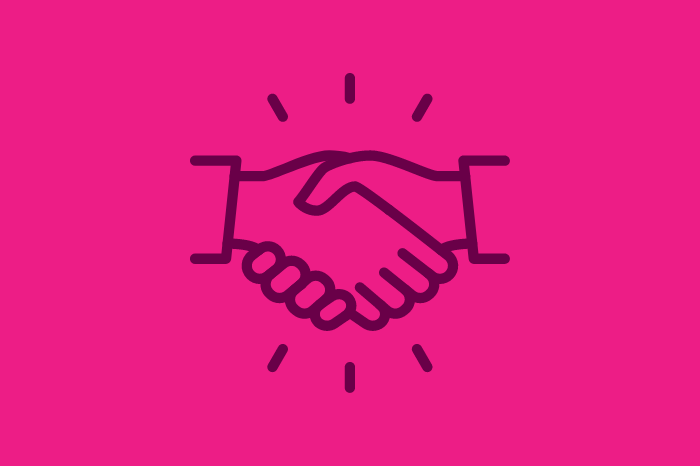 Purple handshake outline over hot pink background