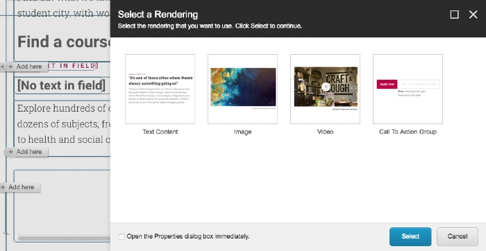 Selecting a CTA Group rendering in Sitecores experience editor
