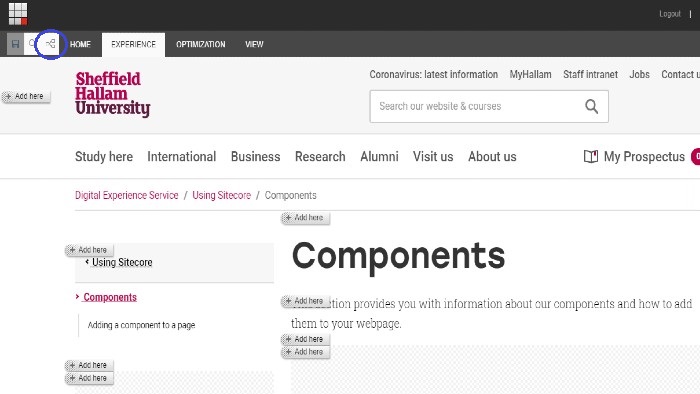Screenshot the experience editor with the '+Add here' buttons visible for adding components. The 'add a new component' button in the ribbon is highlighted in the top left.