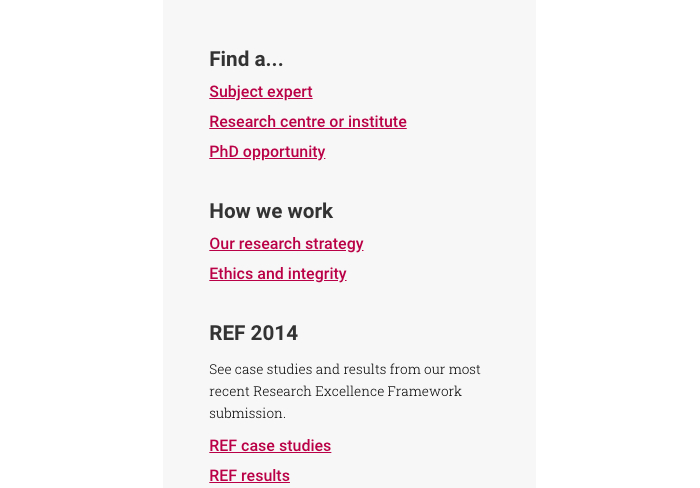 A link list basic component example the Sheffield Hallam University website