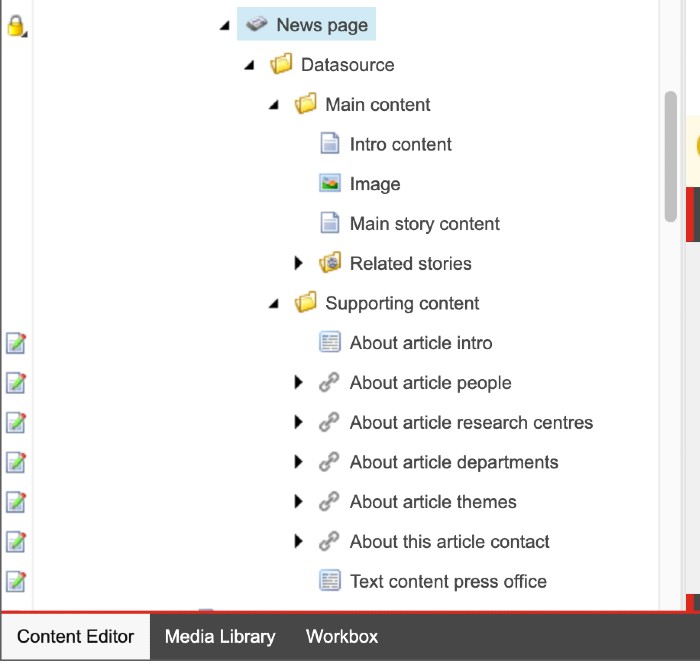 The news page datasource components in the content tree
