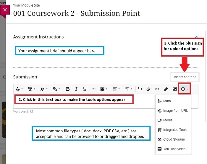 Student view of how to upload coursework in Turnitin