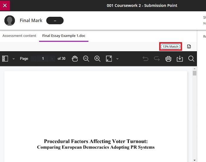 Student view of Turnitin match percentage of the content that matches sources in its similarity system 