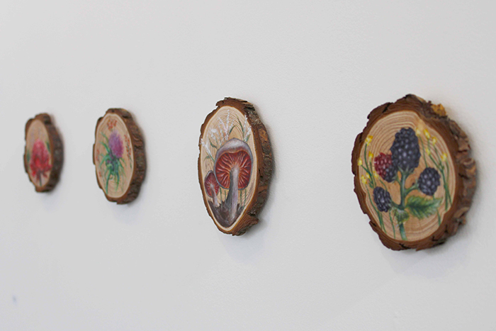 A series of four paintings, with flowers and plants painted onto wooden slices.