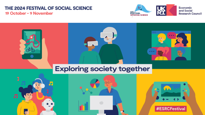 Illustrated banner for the ESRC Festival of Social Science. Illustrations are of a cycle route map on a phone screen, a person and child wearing VR headsets, an online video call, two people listening to music with a robot, a person using a computer surrounded by graphs and an illustration of someone playing a handheld gaming console. 