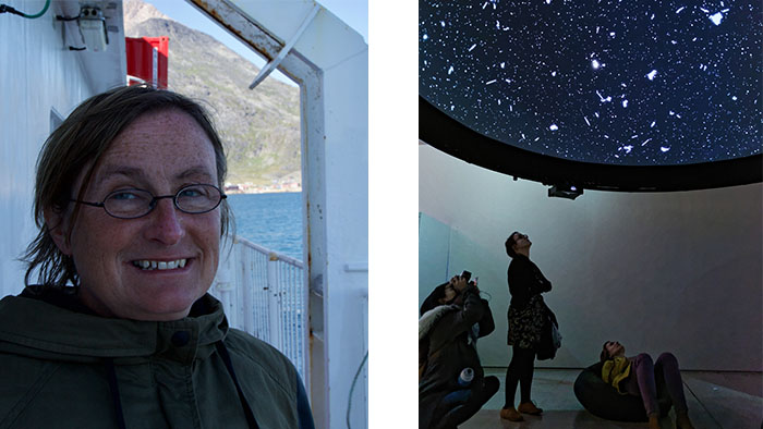 A portrait of Professor Lise Autogena on the left, and right: Black Shoals planetarium 