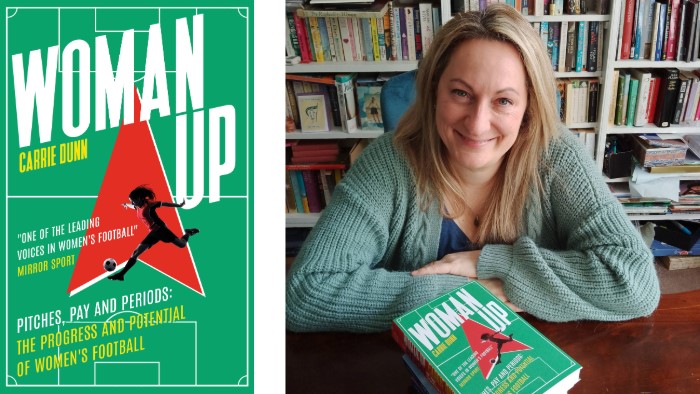 On the left is the cover for the novel Woman Up by Carrie Dunn and on the right, a portrait photograph of Carrie Dunn with a copy of her book