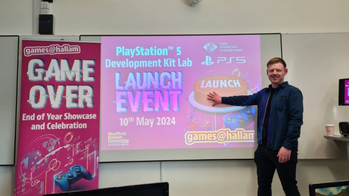 Tom Sampson, from Sumo Digital, and Hallam alumnus, officially opening the PS5 development lab