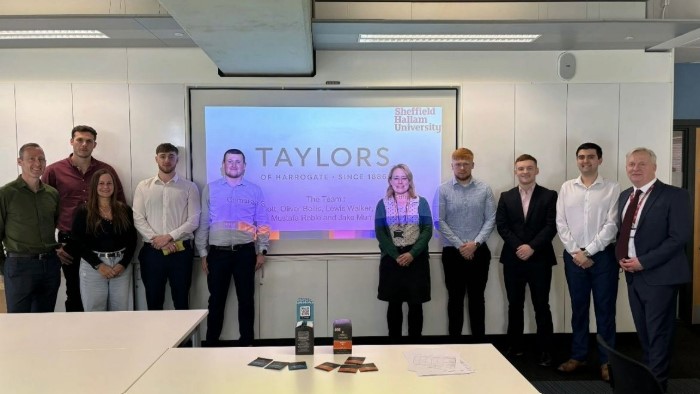 Sheffield Hallam students with Vice-Chancellor, Liz Mossop, Module Leader, Dr Michael Benson, and representatives from Taylors Of Harrogate