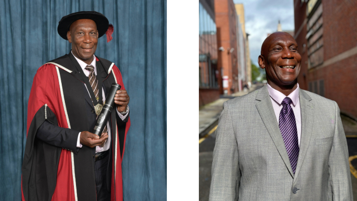 Uriah Rennie receiving his honorary doctorate (left) and Uriah Rennie outside Hallam buildings (right)