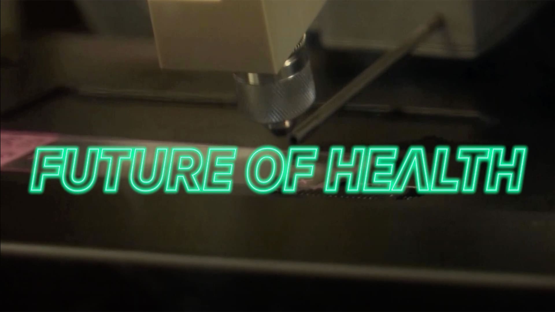 Neon green text "FUTURE OF HEALTH" displayed over a blurred background featuring a close-up of a medical instrument, implying advanced healthcare technology.