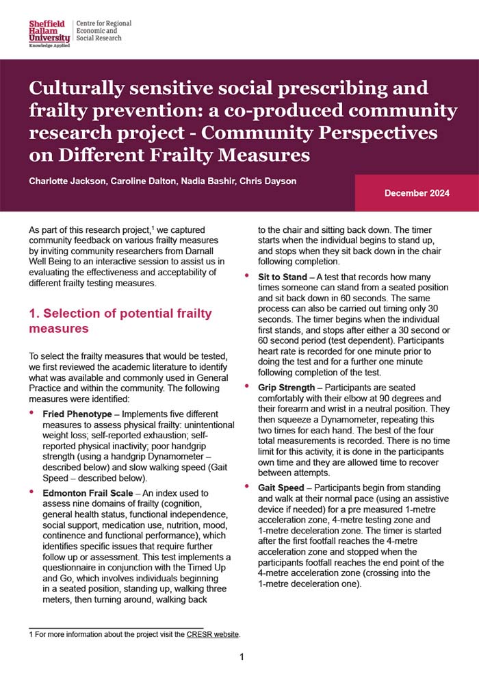 Culturally sensitive social prescribing and frailty prevention: a co-produced community research project - Community Perspectives on Different Frailty Measures