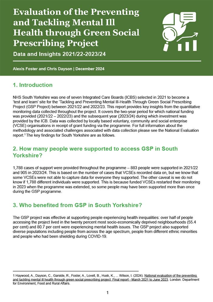 Evaluation of the South Yorkshire Tackling and Preventing Mental Health Through Green Social Prescribing Project: Data and Insights 2021/22-2023/24