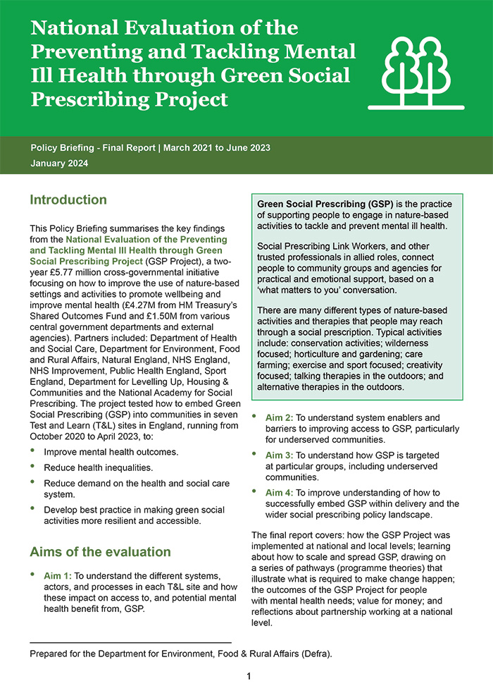 National Evaluation of the Preventing and Tackling Mental Ill Health through Green Social Prescribing Project: Policy Briefing - Final Report - March 2021 to June 2023