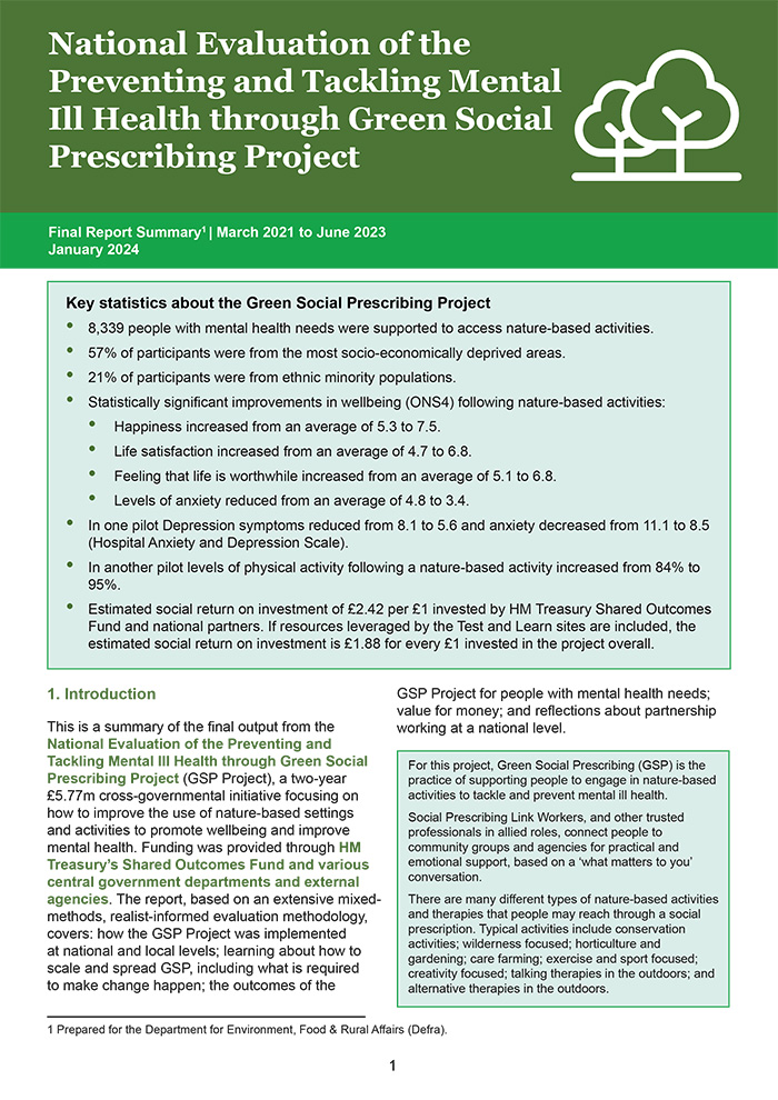 National Evaluation of the Preventing and Tackling Mental Ill Health through Green Social Prescribing Project: Final Report Summary - March 2021 to June 2023