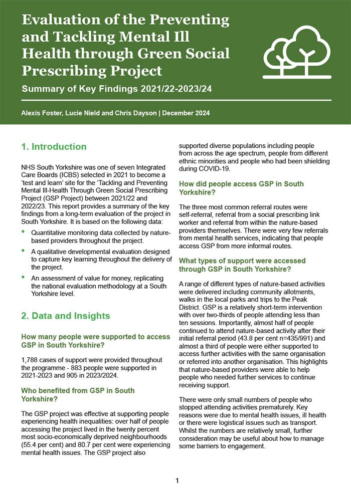 Evaluation of the South Yorkshire Tackling and Preventing Mental Health Through Green Social Prescribing Project: Summary of Key Findings 2021/22-2023/24