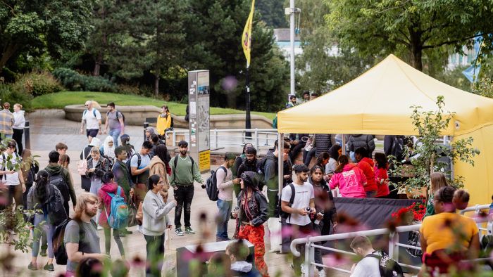 A group of students in Hallam Square during Welcome Week