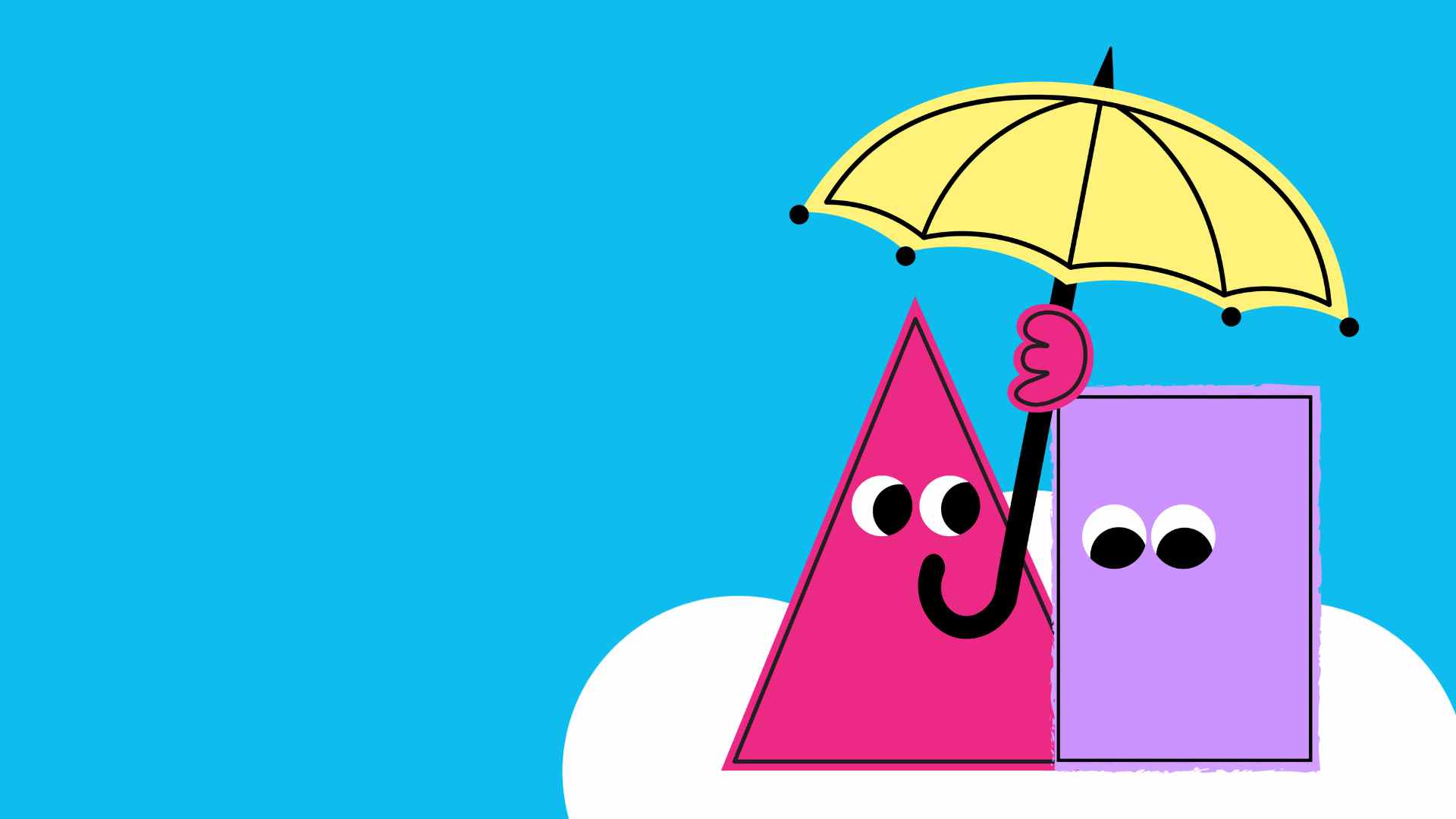 cartoon with triangle supporting a cartoon square with an umbrella