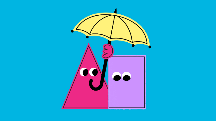 cartoon image a sad square is being supported by a triangle character who is holding an umbrella