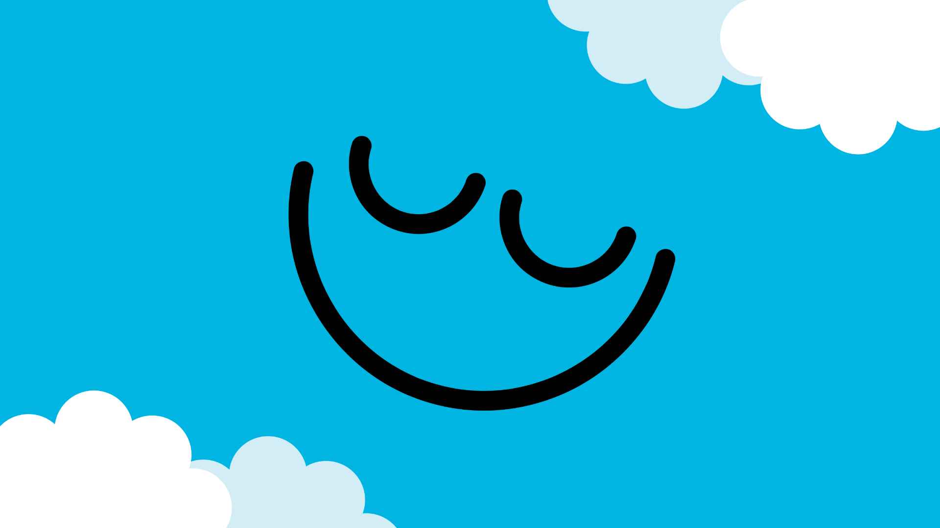 A simple cartoon of a relaxed face with a blue background and some clouds