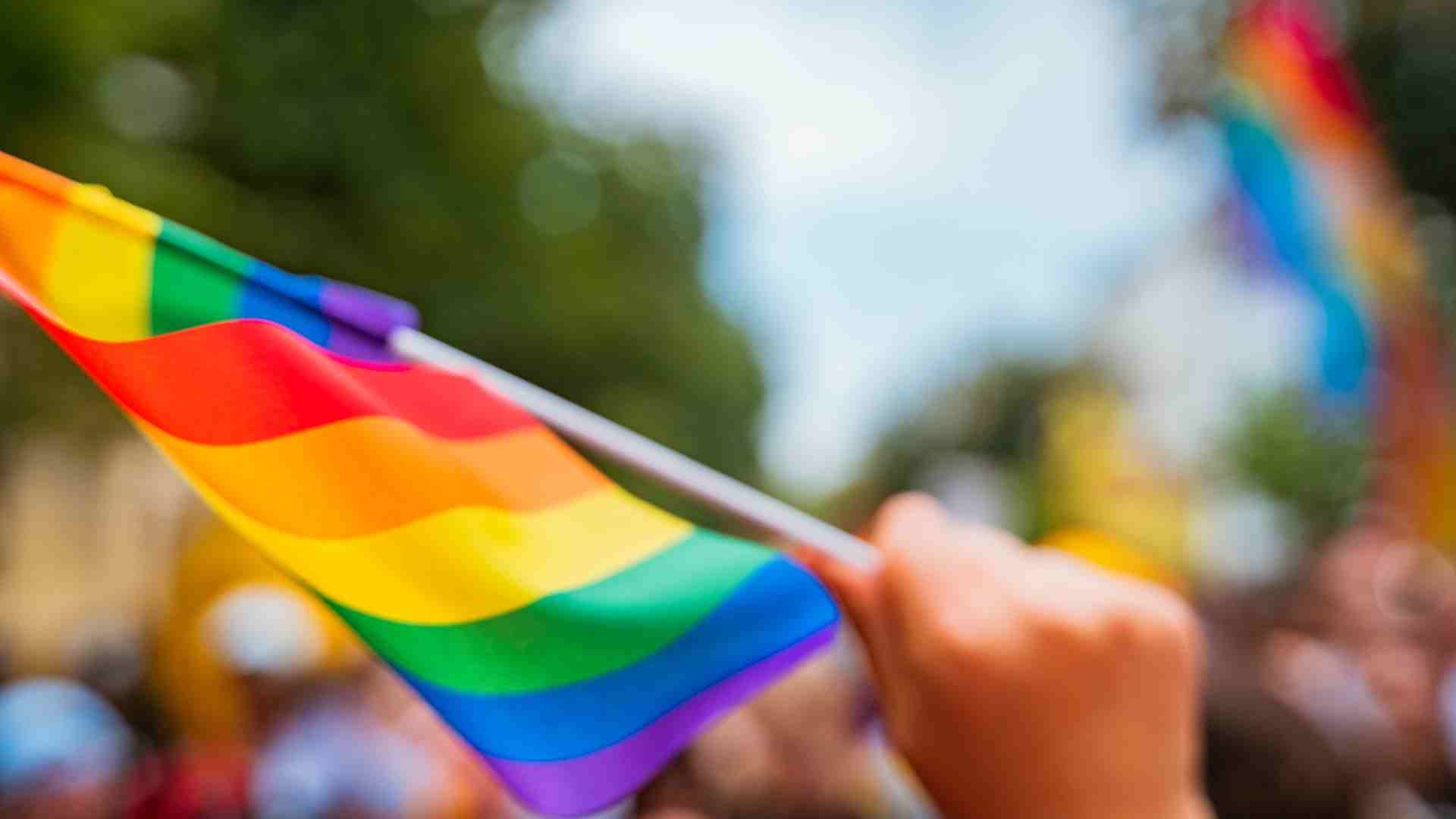 An image with a blurred out background of an event happening outside with lots of people and a hand in the foreground waving a rainbow flag