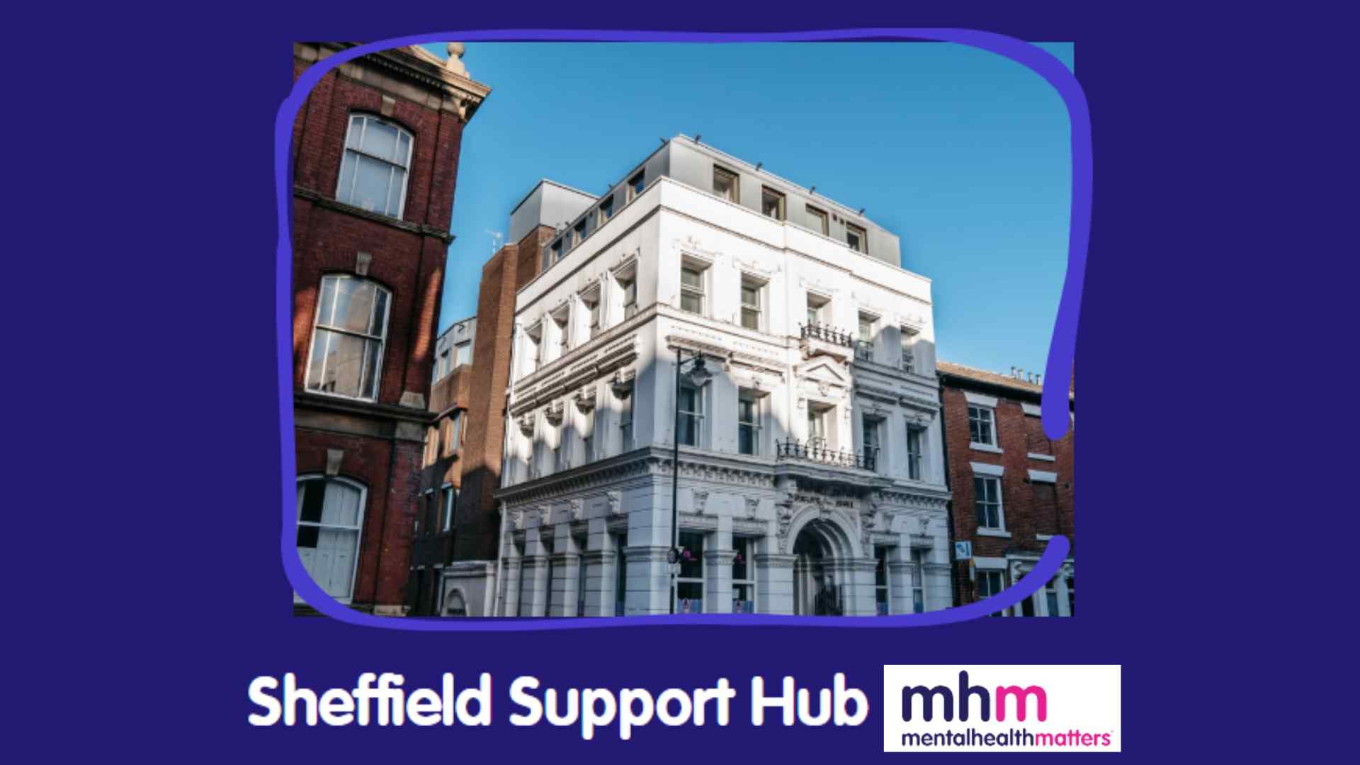 Sheffield Support Hub MHM (Mental Health Matters) text with an image of their Sheffield based building