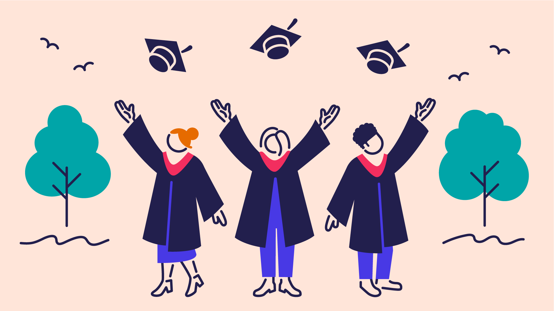An illustration of people graduating and throwing their caps in the air 